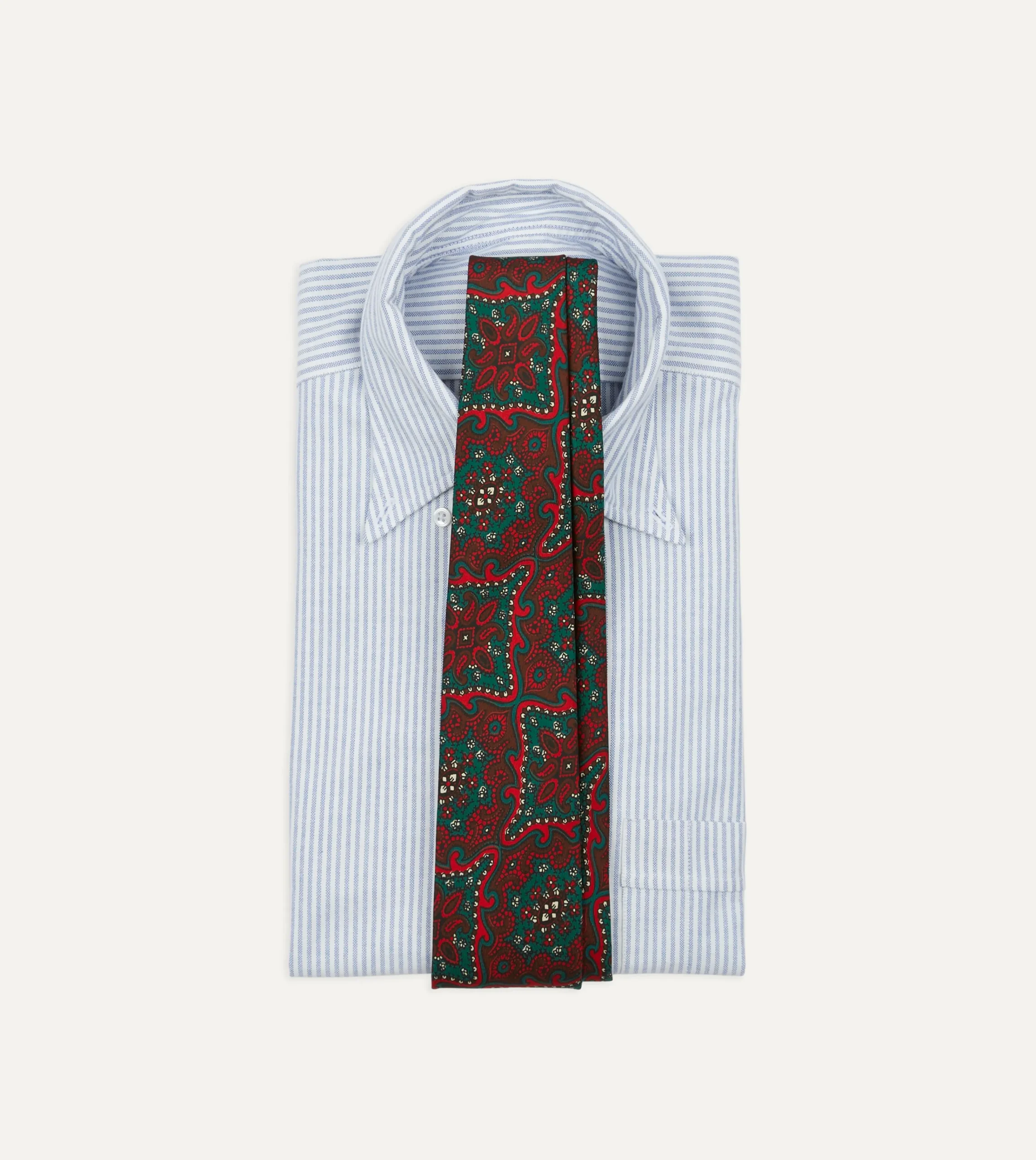 Drake’s Red And Green Baroque Print Silk Self Tipped Tie