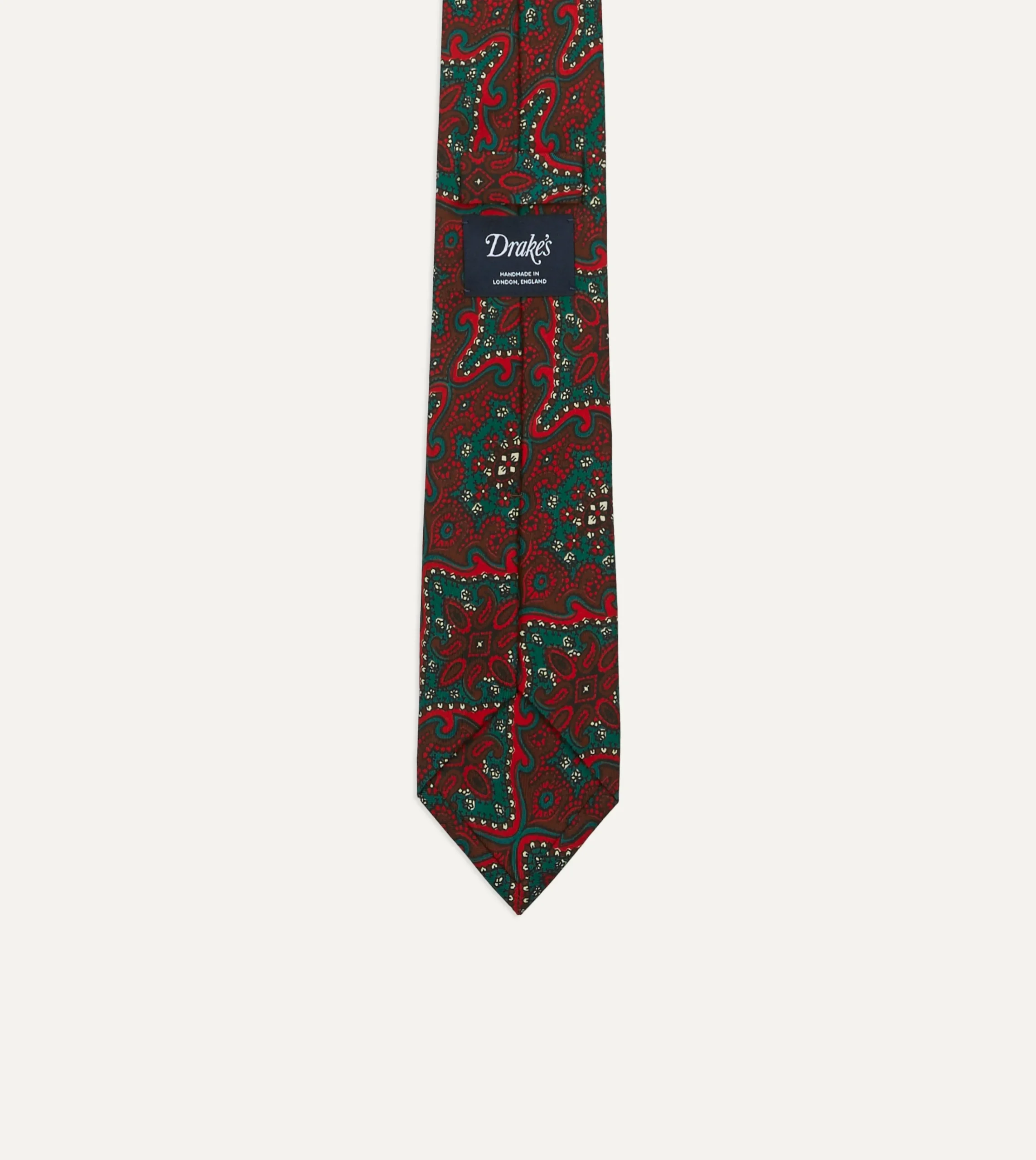 Drake’s Red And Green Baroque Print Silk Self Tipped Tie