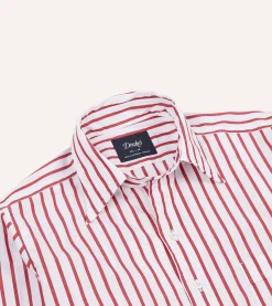 Drake’s Red And White Stripe Cotton Poplin Long Point Collar Shirt