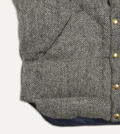 Drake’s Rocky Mountain Featherbed For Drake's Herringbone Harris Tweed Leather Christy Down Vest