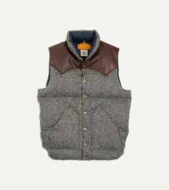 Drake’s Rocky Mountain Featherbed For Drake's Herringbone Harris Tweed Leather Christy Down Vest