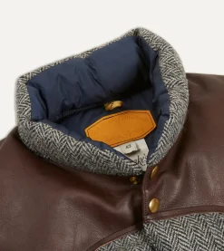 Drake’s Rocky Mountain Featherbed For Drake's Herringbone Harris Tweed Leather Christy Down Vest