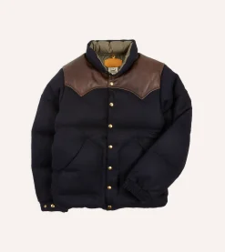 Drake’s Rocky Mountain Featherbed For Drake's Navy Harris Tweed Leather Christy Down Jacket