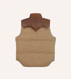 Drake’s Rocky Mountain Featherbed For Drake's Brown Waxed Cotton Christy Down Vest With Shearling Collar