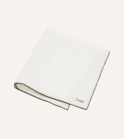 Drake’s White And Olive Shoestring Linen Pocket Square
