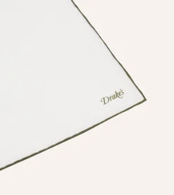 Drake’s White And Olive Shoestring Linen Pocket Square