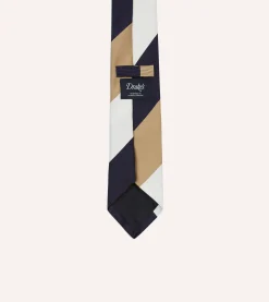 Drake’s White, Navy And Wide Stripe Repp Silk Tipped Tie