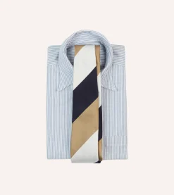 Drake’s White, Navy And Wide Stripe Repp Silk Tipped Tie