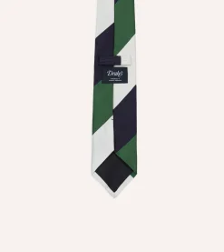Drake’s White, Navy And Wide Stripe Repp Silk Tipped Tie